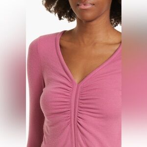 ATM Pink Modal Ribbed Ruched V-Neck Top, Size XL, New With Tags